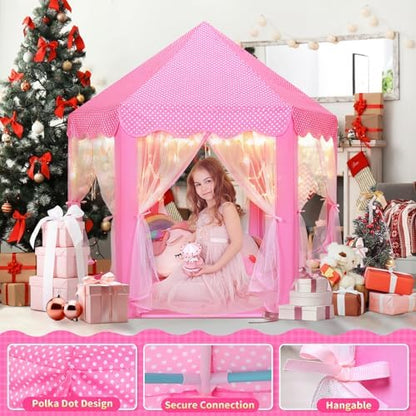 Monobeach Princess Castle Play Tent for Girls - Large 55'' x 53'' Playhouse with Star Lights for Indoor and Outdoor Play