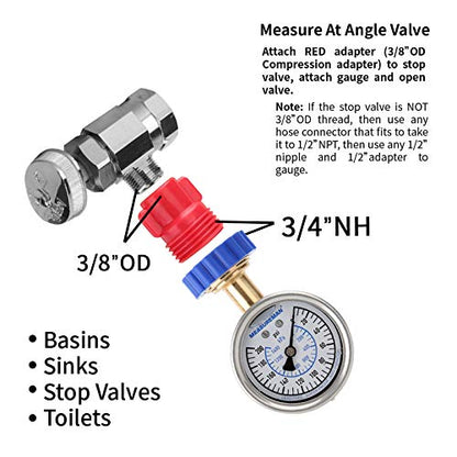MEASUREMAN 2-1/2" Water Pressure Gauge Kit 6 Parts Kit, Lead-Free Brass, 2-1/2" dial, 0-200 Psi，Glycerin Filled,3/4" Hose Thread, Plus 5 Adapters