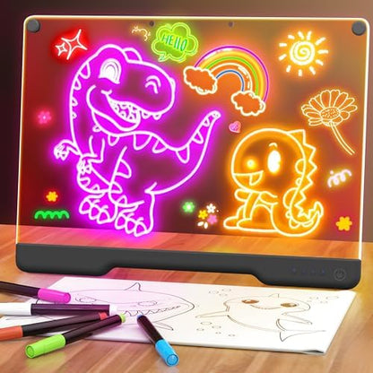 16-Inch Rechargeable Doodle Glow LED Note Board, 7-Color Light Modes, Neon Art Dry Erase Light Up Drawing Pad with Built-in Stand, Sketching Gift Toy for Kids/Girls/Teens, 5 Markers & Tracing Book