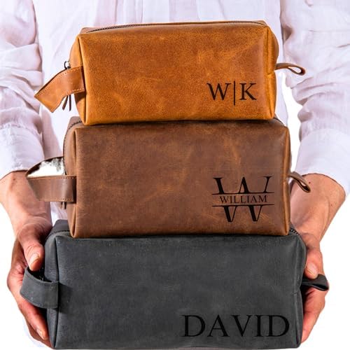 Personalized Leather Toiletry Bag for Men – Custom Engraved Shaving Dopp Kit with Name or Initial, Travel Gift for Groomsmen, Husband, Dad, Boyfriend, Birthday, Christmas, Anniversary, Gifts for Men