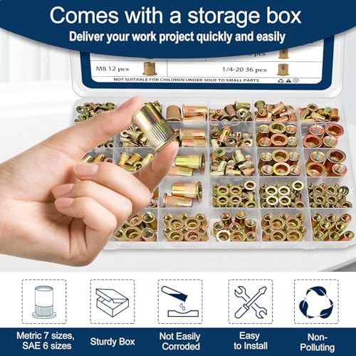 Metric & SAE Rivet Nut Assortment Kit(420 Pcs),m3 m4 m5 m6 m8 m10 m12#6-32#8-32#10-24 1/4"-20 5/16"-18 3/8"-16 UNC Flat Head Rivnut Set,Zinc Plated Finish Carbon Steel Nutsert