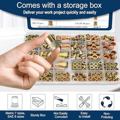 Metric & SAE Rivet Nut Assortment Kit(420 Pcs),m3 m4 m5 m6 m8 m10 m12#6-32#8-32#10-24 1/4"-20 5/16"-18 3/8"-16 UNC Flat Head Rivnut Set,Zinc Plated Finish Carbon Steel Nutsert