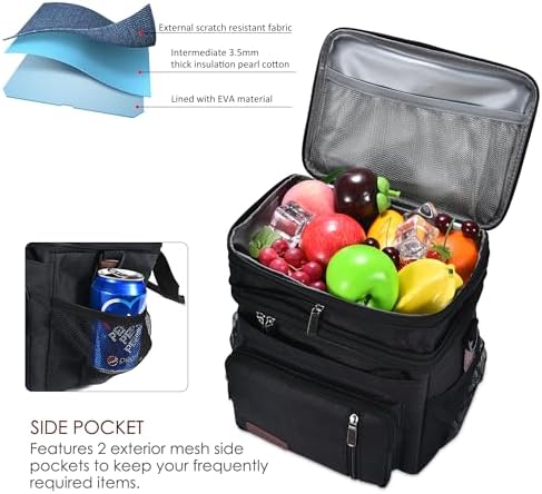 MIYCOO Lunch Bag & Lunch Box for Men Women Double Deck, Leakproof insulated Soft Large Adult Lunch Cooler Bag for Work, Beach, Picnic, Camping, Travel (Black,15L)