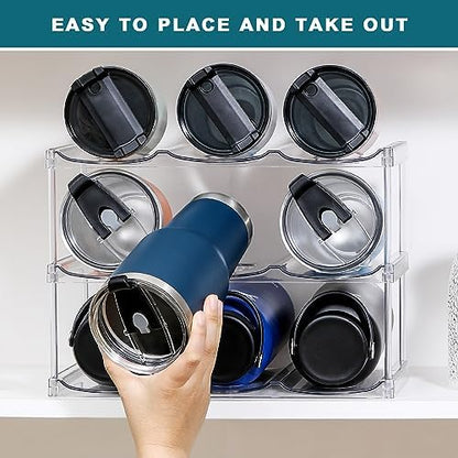 LARGER Compartment - Stackable Water Bottle Organizer Holder - for Stanley & Others' Large Tumbler - Clear Wine Rack, Cup Bottle Holder for Cabinet Home Countertop Fridge Pantry Shelf, 3 Tier Hold 9