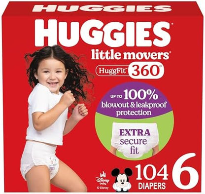 Huggies Size 6 Baby Diapers, Little Movers HuggFit 360° Baby Diapers with 360° Waistband, Size 6 (35+ lbs), 104 Count (2 Packs of 52), Packaging May Vary