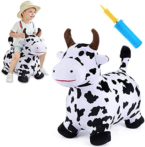 iPlay, iLearn Bouncy Pals Hopping Cow Horse, Toddler Girl Boy Inflatable Bouncing Animal Hopper Toy, Outdoor Indoor Plush Ride on Bouncer, Baby Birthday Gift 18 Month 2 3 4 Year Old Kid - Cow