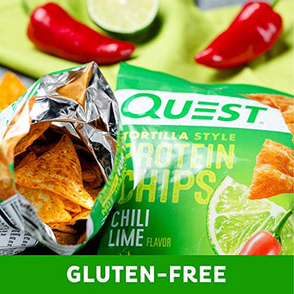 Quest Nutrition Chili Lime Tortilla Style Protein Chips, 20g Protein, 3g Net Carbs, Low Carb, Gluten Free, 1.1 oz (Pack of 12)