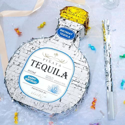 WERNNSAI Tequila Bottle Pinata - Disco Party Decorations for Adults Silver Patron Tequila Pinata with Blindfold for Bachelor Birthday Party Supplies 11.7” x 16.5”