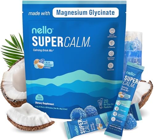 Supercalm Powdered Drink Mix, Blue Coconut, L Theanine, Ksm-66 Ashwagandha, Magnesium Glycinate, Vitamin D 3, Supplements for Relaxation & Focus, No Sugar, Non GMO, On The Go, 20 Srvgs
