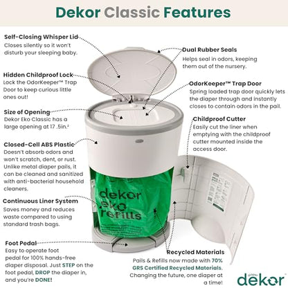 Diaper Dekor Classic Hands-Free Diaper Pail | Easiest to Use | Just Step – Drop – Done | Doesn’t Absorb Odors | Most Economical Refill System | 70% Recycled Materials | EKO White