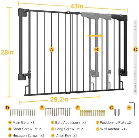 Cumbor 29.2-43" No Bottom Bar Baby Gate for Stairs, 2-in-1 Auto Close Dog Gate Indoor, Hardware Mounted Pet Gate for Doorways with Large Walk Thru Door, Child-Proof Safety Gate for Kids (Black)