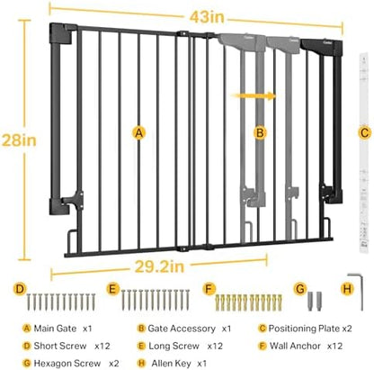 Cumbor 29.2-43" No Bottom Bar Baby Gate for Stairs, 2-in-1 Auto Close Dog Gate Indoor, Hardware Mounted Pet Gate for Doorways with Large Walk Thru Door, Child-Proof Safety Gate for Kids (Black)