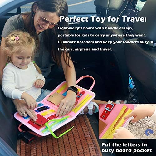 Esjay Busy Board for Toddlers, Montessori Toys to Learn Fine Motor Skill, Sensory Board, Toys Gifts Girls Boys 3+ Year Old, Toddler Learning Activities for Travel Airplane,Pink Alphabet
