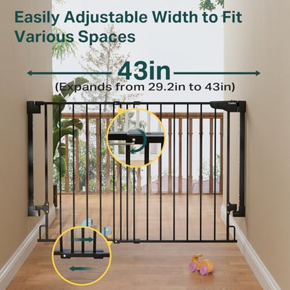 Cumbor 29.2-43" No Bottom Bar Baby Gate for Stairs, 2-in-1 Auto Close Dog Gate Indoor, Hardware Mounted Pet Gate for Doorways with Large Walk Thru Door, Child-Proof Safety Gate for Kids (Black)