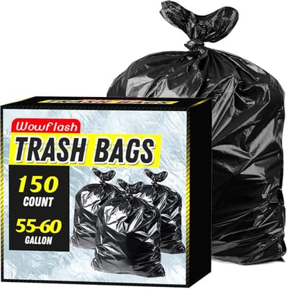 150 Count 55-60 Gallon Trash Bags, Sturdy & Tear-Resistant Commercial Can Liners 55 Gallon, Large Garbage Bags, Large Black Trash Bags for Commercial, Lawn and Leaf Bags