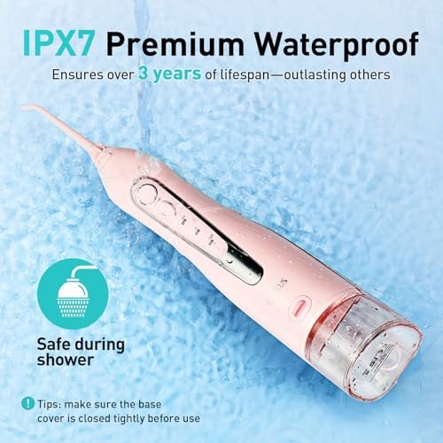 COSLUS Water Dental Flosser Teeth Pick: Portable Cordless Oral Irrigator 300ML Rechargeable Travel Irrigation Cleaner IPX7 Waterproof Electric Flossing Machine for Teeth Cleaning C20(F5020E) Pink