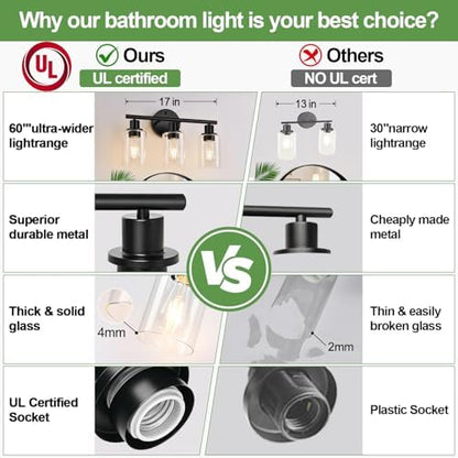 3-Light Bathroom Light Fixtures, Black Modern Vanity Lights with Clear Glass Shade, Bathroom Wall Lamp for Mirror Kitchen Living Room Hallway Cabinet Porch