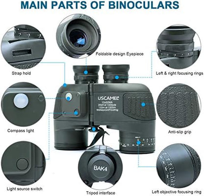 USCAMEL 10X50 Marine Binoculars for Adults with Rangefinder Compass, Waterproof Marine Binoculars for Sailing Boating Fishing