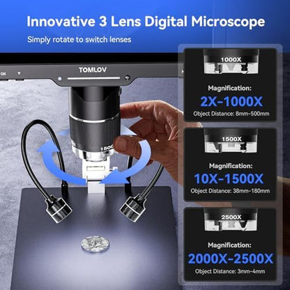 TOMLOV TriL110 3-Lens Digital Microscope: 10.1" 2500X 2K HDMI Coin Microscope Magnifier for Whole Coins with IPS Screen, LCD Soldering Microscopes for Adults, 14 LED Lights, PC/TV Compatible, 64GB