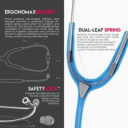 MDF Instruments, Acoustica Lightweight Stethoscope for Doctors, Nurses, Students, Home Health Use, Adult, Dual Head, Bright Blue Tube, Silver Chestpiece-Headset, MDF747XP14