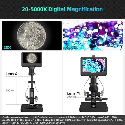 Andonstar AD266S 20X-5000X HDMI Digital Microscope, 5 Lens 2160P UHD Video Record, 7'' LCD Microscope for Adults Kids, Home Lab Biological Kit with Slides, Coin Full View