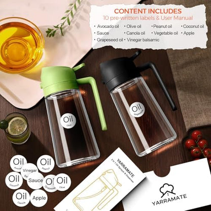 YARRAMATE Olive Oil Dispenser, 2 in 1 Oil Sprayer for Cooking, 16oz/470ml Glass Oil Spray Bottle with Pourer, Food-grade Oil Dispenser and Oil Sprayer for Kitchen, Salad, Frying, BBQ (Black & Green)