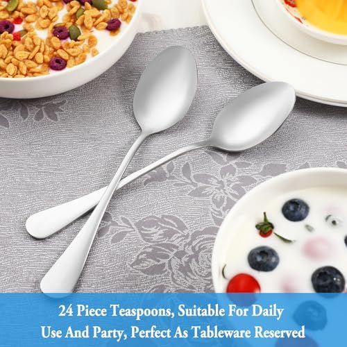 24 Pcs Teaspoons Set, Food Grade Stainless Steel Tea Spoons, Durable Small Spoons, Metal Dessert Spoon, Spoon Silverware for Home, Kitchen or Restaurant, Mirror Polished & Dishwasher Safe, 6.7-Inch