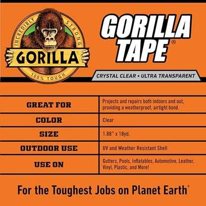 Gorilla Crystal Clear Tape, 1.88” x 18 yd (Pack of 6) - Weather Resistant for Indoor or Outdoor Projects and Repairs