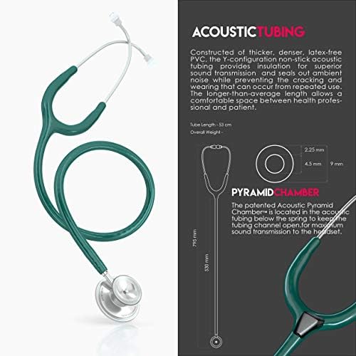 MDF Instruments, Acoustica Lightweight Stethoscope for Doctors, Nurses, Students, Home Health Use, Adult, Dual Head, Dark Green Tube, Silver Chestpiece-Headset, MDF747XP09