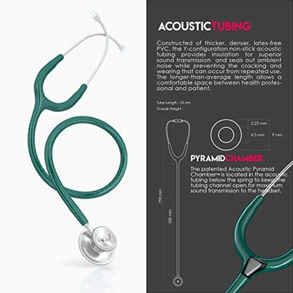 MDF Instruments, Acoustica Lightweight Stethoscope for Doctors, Nurses, Students, Home Health Use, Adult, Dual Head, Dark Green Tube, Silver Chestpiece-Headset, MDF747XP09