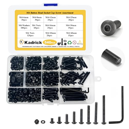 Kadrick Metric Screws Assortment,540 Pcs M4 Screws Nuts Washers Assortment M4x6MM-40MM, Hex Socket Button Head Metric M4 Machine Bolts Kit, 10.9 Grade Alloy Steel,Black Screws for 3D Printing