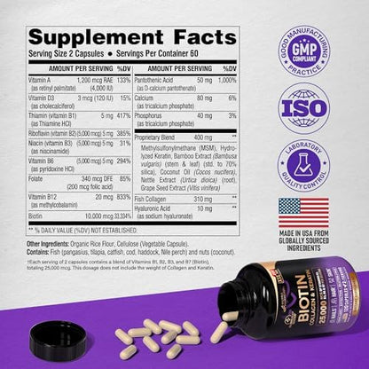 Biotin | Collagen | Keratin - Clinically Tested Supplement - Hair Growth Support, Skin & Nails - 25000 mcg Vitamins B2, B3, B6 & B7 + B1 & Hyaluronic Acid - Made in USA - Women & Men | 120 Capsules