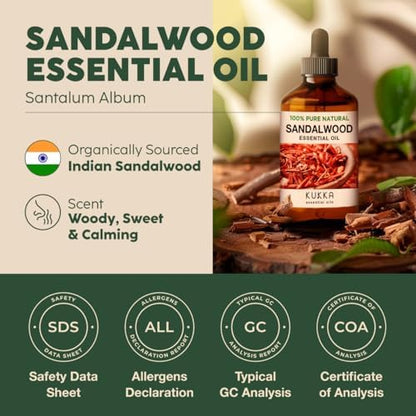 Kukka Sandalwood Essential Oil for Diffuser & Skin - 4 Fl Oz - 100% Pure Natural Sandalwood Oil, Woody Scent, for Massage, Perfume, Hair, Aromatherapy, Candle & Soap Making Scent DIY