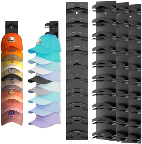 Hat Organizer for Baseball Caps 4Pack, Hat Rack for Wall with Strong Adhesive Hold up to 40 Hats, Hat Hanger Holder Display for Door Closet, Cap Organizer Storage Multilayer Two Mounting Option(Black)