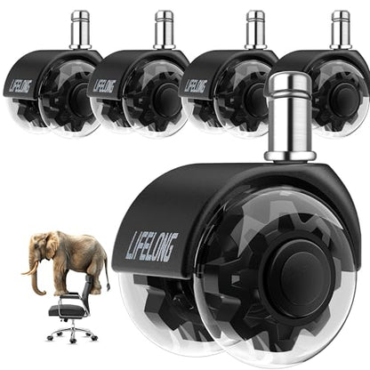 Lifelong Office Chair Wheels Replacement Rubber Chair Casters for Hardwood Floors and Carpet, Set of 5, Heavy Duty Casters for Chairs to Replace Office Chair Mats - Fits 98%