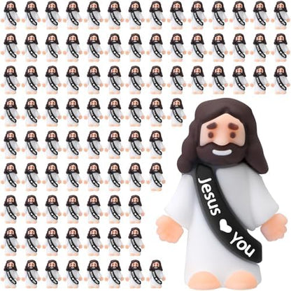 Bememo 100 Pcs Little Jesus Figures Jesus Loves You Original Design Rubber Pocket Toys Little Figures to Hide and Seek Sunday School Religious Party Share Gifts(Black)