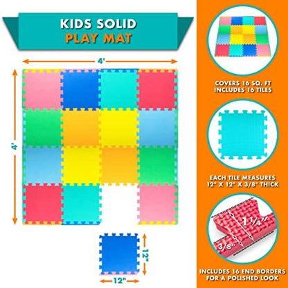 ProSource Foam Puzzle Floor Play Mat for Kids and Babies with Solid Colors, 36 or 16 Interlocking Tiles with Borders, Assorted