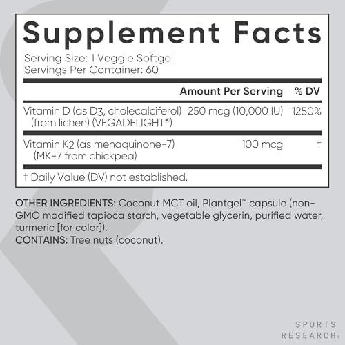 Sports Research® Vegan D3 10,000iu with Vitamin K2 100mg - Formulated with Coconut MCT Oil - Vegan Certified, Soy & Gluten Free - 60 Softgels