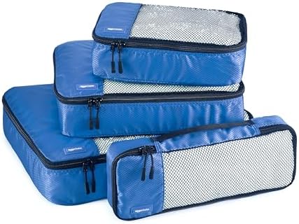 Amazon Basics Packing Cubes for Travel, Packing Organizers Set, 4-Piece-Set (Slim, Small, Medium, Large) With Double Zipper Pulls and Mesh Top Panel, 100% Durable Polyester, Blue