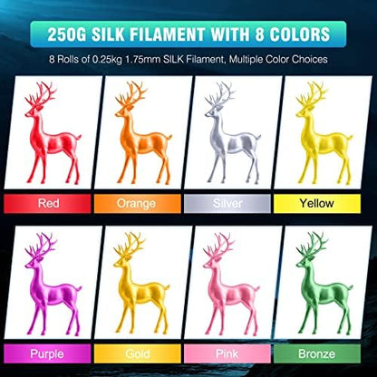SUNLU 3D Printer Filament Bundle, PLA+ Silk Filament Multicolor 1.75mm, Individually Vacuum Packed, 250G Spool, 8 Rolls, 2kg in Total, Light Gold+Silver+Purple+Red+Orange+Yellow+Pink+Bronze