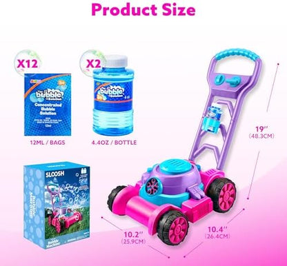 SLOOSH Bubble Lawn Mower Toddler Toys - Kids Bubble Machine Summer Outdoor Push Toy Games, Backyard Garden Outside Play Toddlers Preschool Boys Girls Birthday Gifts (Pink)