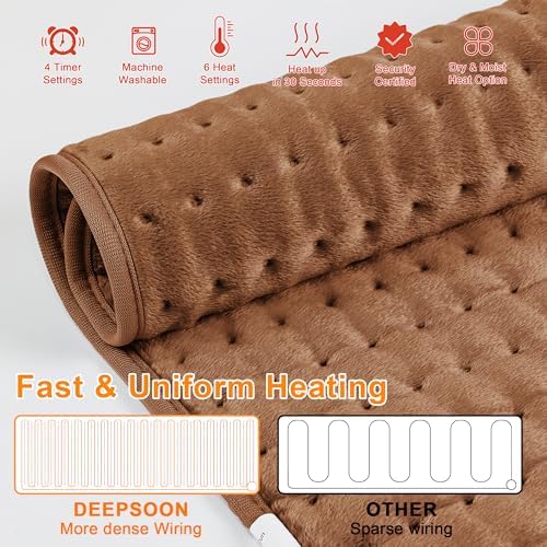 Heating Pad-Electric Heating Pads for Back,Neck,Abdomen,Moist Heated Pad for Shoulder,Knee,Hot Pad for Arms and Legs,Dry&Moist Heat & Auto Shut Off(Brown, 12''×24'')