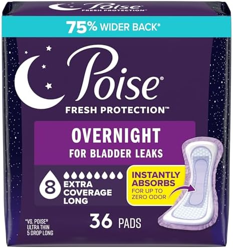 Poise Overnight Incontinence & Postpartum Pads for Bladder Leaks, 8 Drop Extra Coverage, 36 Count