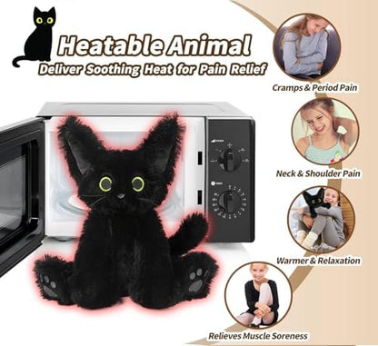 Cuckool Black Cat Stuffed Animals, Microwavable Stuffed Animals Heating Pad for Cramps, Pain Stress Relief, Heatable & Coolable Lavender Scented Cat Plush Toys for Anxiety, Women & Kids Bedtime