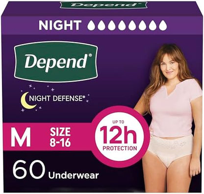 Depend Night Defense Adult Incontinence & Postpartum Bladder Leak Underwear for Women, Disposable, Overnight, Medium, Blush, 60 Count (4 Packs of 15), Packaging May Vary