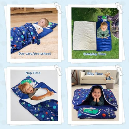 Toddler Nap Mat with Pillow and Blanket, Soft Sleeping Bag for Kids Boys and Girls, Slumber Bags Kids for Preschool, Daycare, Travel, Camping, 54" x 33" Great for Ages 3-6
