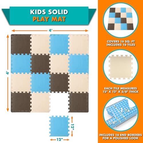 ProSource Foam Puzzle Floor Play Mat for Kids and Babies with Solid Colors, 36 or 16 Interlocking Tiles with Borders, Blue/Brown/Beige