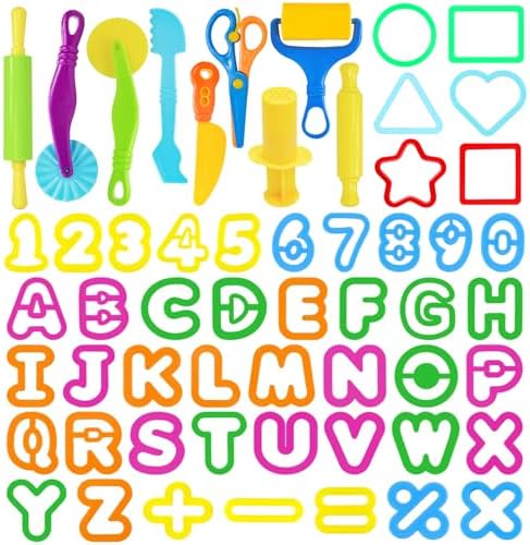 Playdough Tool Set, 56 Pcs Play Dough Tools Sets for Kids Ages 4-8, Playdough Accessories Includes Alphabet Numbers Shapes, Cutters Roller, Rolling Pins, Safety Scissors, Plastic Knife