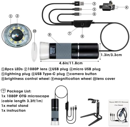 Ninyoon Full HD 1080P USB Digital Microscope Camera for iPhone iPad Android PC, 50-1000X High Definition Portable Handheld Microscope with Light for Coin Plants Trichome Soldering Skin Scalp