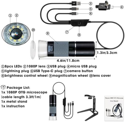 Ninyoon Full HD 1080P USB Digital Microscope Camera for iPhone iPad Android PC, 50-1000X High Definition Portable Handheld Microscope with Light for Coin Plants Trichome Soldering Skin Scalp